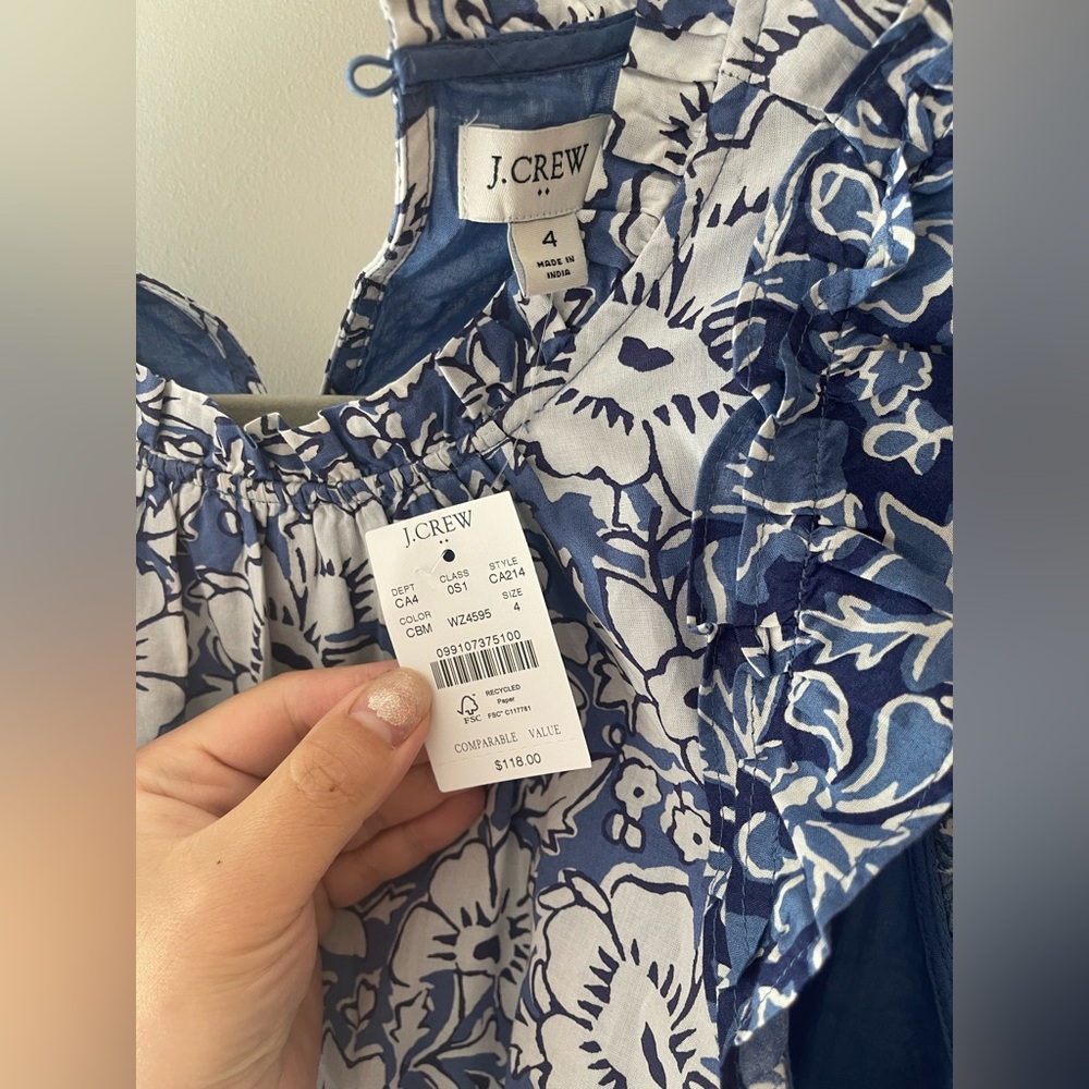 J Crew NWT Ruffle Tiered Blue Size 4 Floral Midi Short Sleeve Dress Cotton Light - Picture 7 of 14